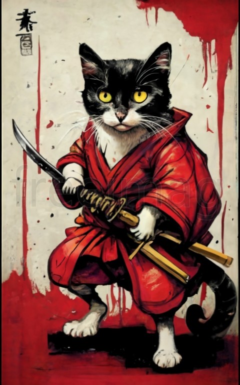 Pintura en tinta de un gato samurái con kimono rojo y cinturón negro practicando con espada