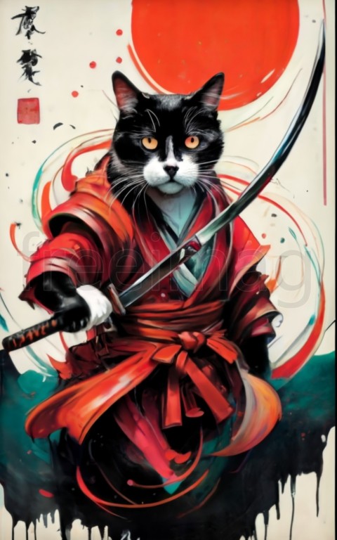 Pintura en tinta de un gato samurái con kimono rojo y cinturón negro practicando con espada