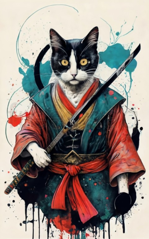 Pintura en tinta de un gato samurái con kimono rojo y cinturón negro practicando con espada