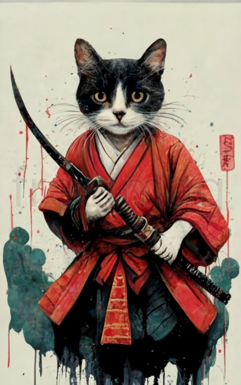 Pintura en tinta de un gato samurái con kimono rojo y cinturón negro practicando con espada