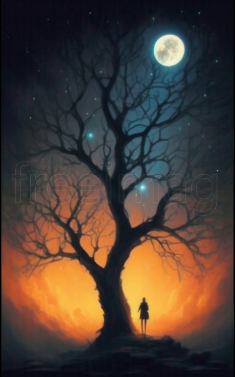 Ilustración de Árbol bajo el resplandor etéreo de la luna