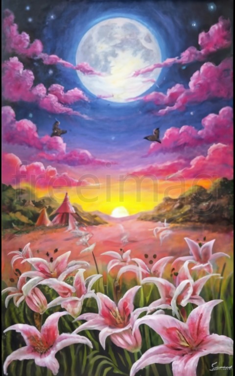 Póster de campo de lirios rojos, cielo rosa, luna grande, paisaje, mariposas blancas