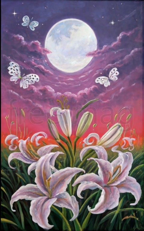 Póster de campo de lirios rojos, cielo rosa, luna grande, paisaje, mariposas blancas