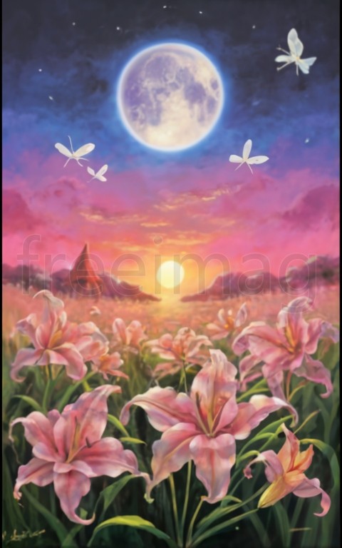 Póster de campo de lirios rojos, cielo rosa, luna grande, paisaje, mariposas blancas