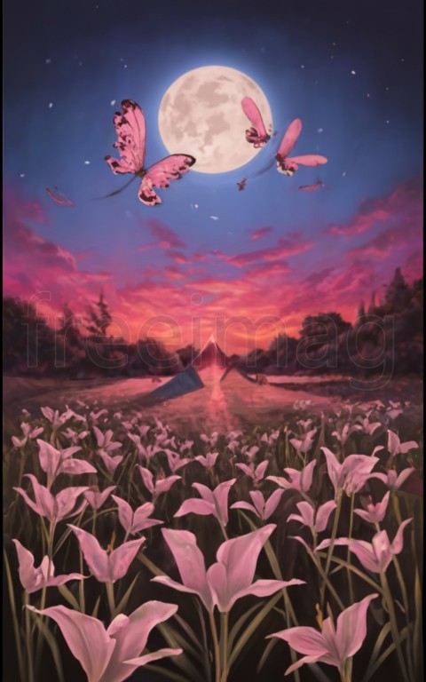 Póster de campo de lirios rojos, cielo rosa, luna grande, paisaje, mariposas blancas