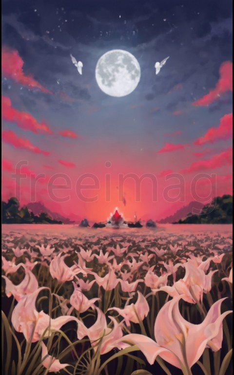 Póster de campo de lirios rojos, cielo rosa, luna grande, paisaje, mariposas blancas