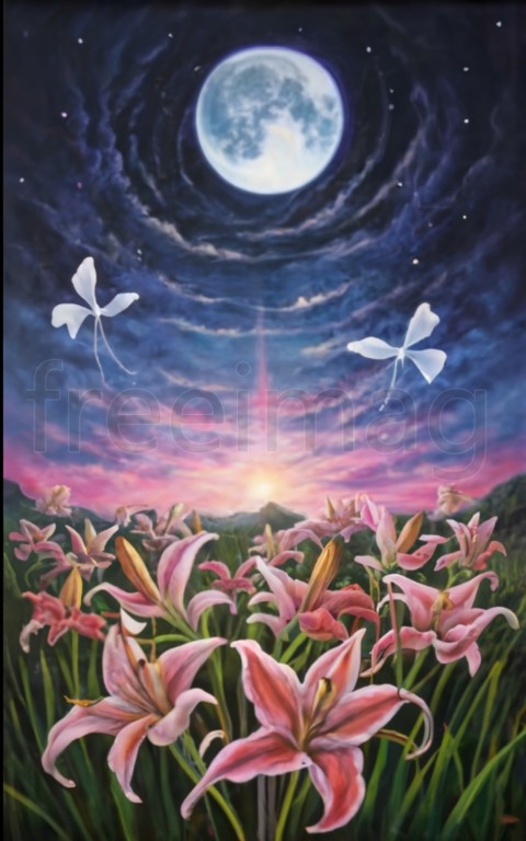 Póster de campo de lirios rojos, cielo rosa, luna grande, paisaje, mariposas blancas