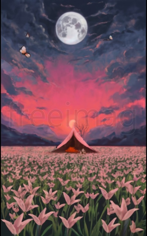 Póster de campo de lirios rojos, cielo rosa, luna grande, paisaje, mariposas blancas