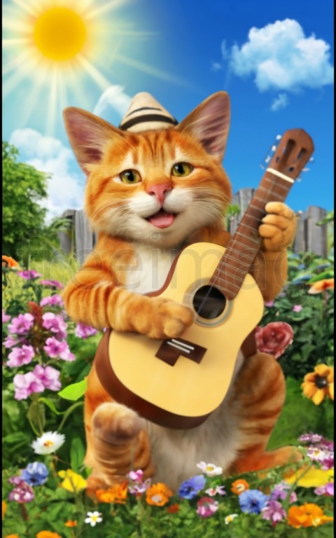 Imagen encantadora de un gato disfrutando de un día soleado en un jardín tocando guitarra