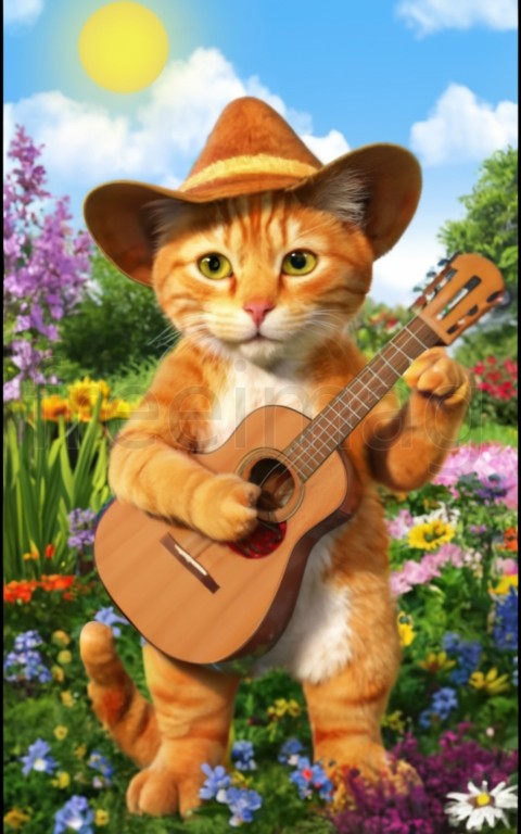 Imagen encantadora de un gato disfrutando de un día soleado en un jardín tocando guitarra