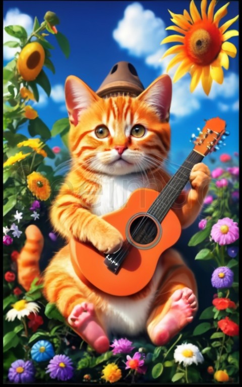 Imagen encantadora de un gato disfrutando de un día soleado en un jardín tocando guitarra