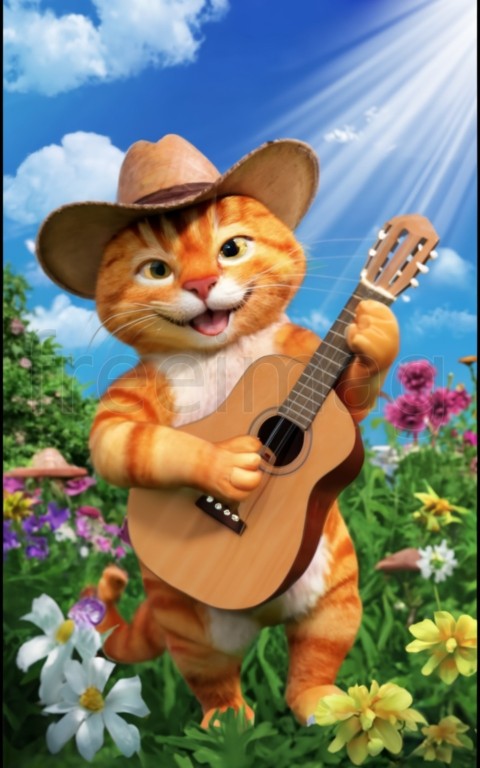 Imagen encantadora de un gato disfrutando de un día soleado en un jardín tocando guitarra