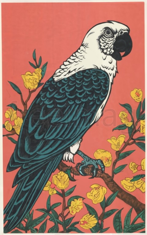 Ilustración retrato de Loro entre flores