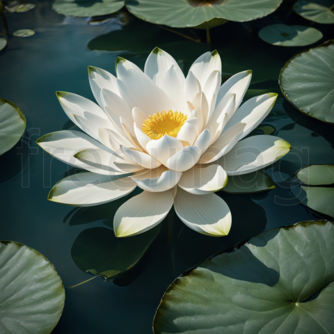 Flor blanca sobre agua. Generada con IA