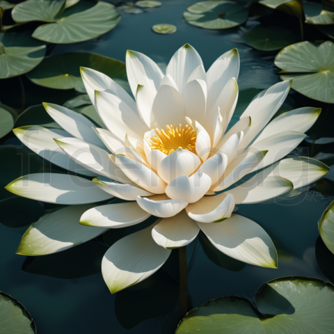 Flor blanca sobre agua. Generada con IA