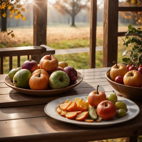 Fondo brillante con hermosa decoración de  frutas, flores, verduras y hojas. IA generada