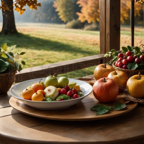 Fondo brillante con hermosa decoración de  frutas, flores, verduras y hojas  IA generada