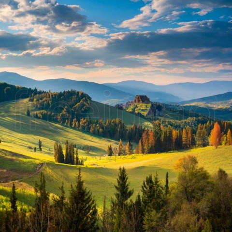 Montaña verde Transilvania, Rumania. Generado IA