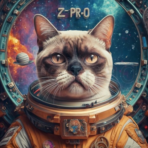 Cara de gato gruñón astronauta, estilo de color cósmico