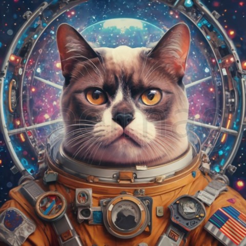 Cara de gato gruñón astronauta, estilo de color cósmico