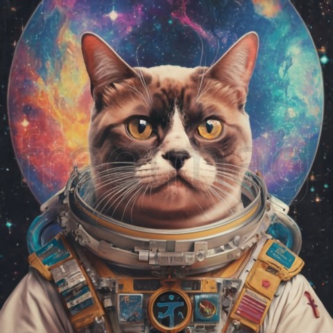 Cara de gato gruñón astronauta, estilo de color cósmico