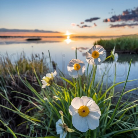 Flor blanca fondo puesta del sol sobre agua