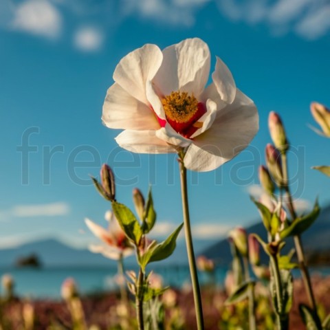 Primer plano flor blanca fondo cielo azul