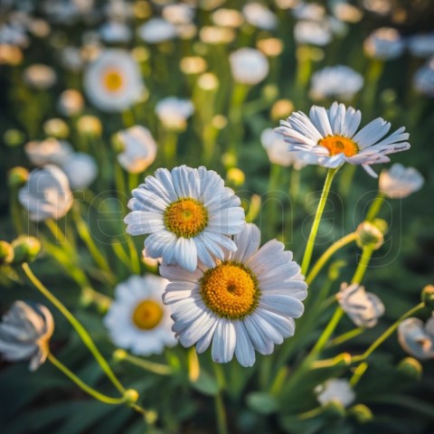 Flores blancas con amarillo. Fondo verde