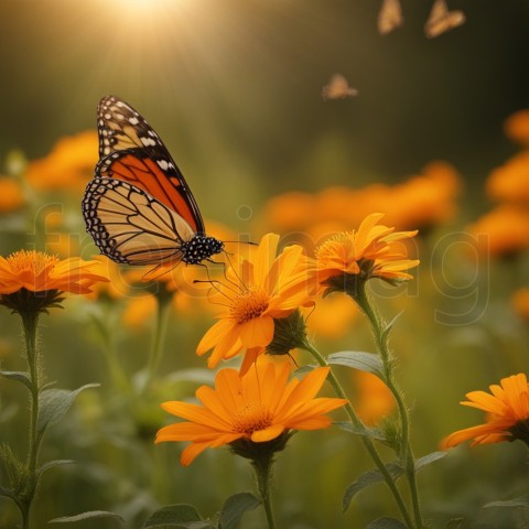 Mariposa colorida sobre flor naranja