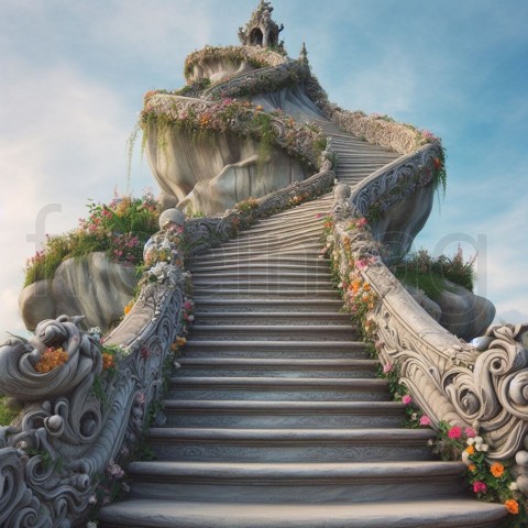 Escalera de piedra subiendo al cielo ornamentado con flores