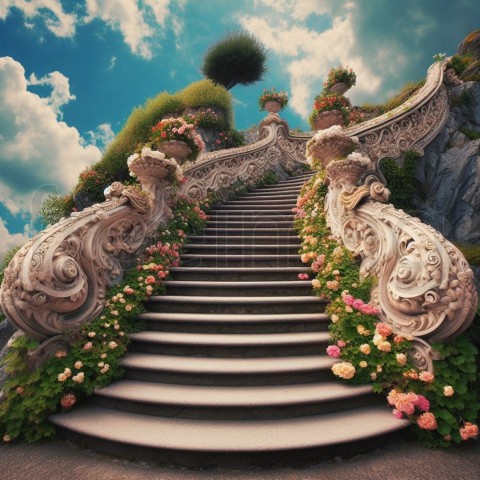 Escalera de piedra subiendo al cielo ornamentado con flores