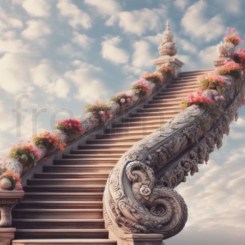 Escalera de piedra subiendo al cielo ornamentado con flores