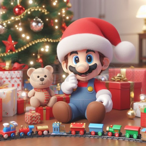 Lindo bebé Mario Santa Claus con un árbol de navidad, luces, regalos, trenes de juguete