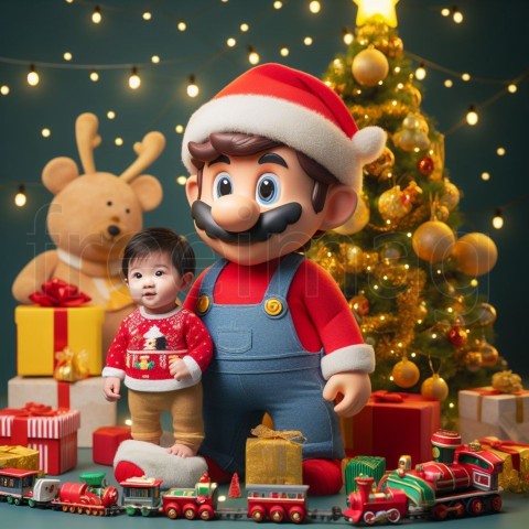 Lindo bebé Mario Santa Claus con un árbol de navidad, luces, regalos, trenes de juguete