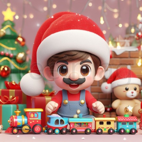 Lindo bebé mario santa claus con un árbol de navidad, luces, regalos, trenes de juguete, autos de juguete y osito alrededor