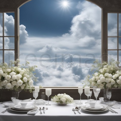 Mesa ornamentada con flores vista ventana cielo con nubes