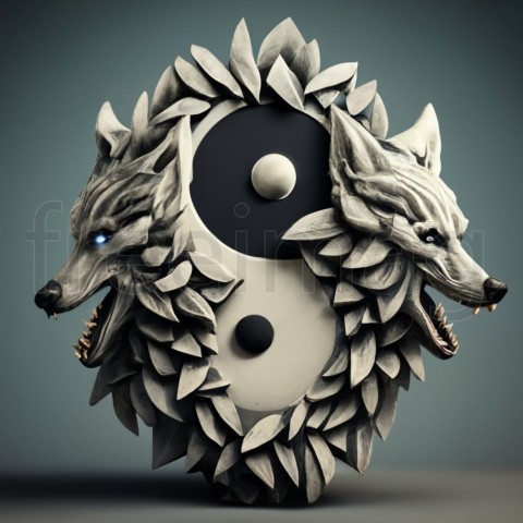 Signo de yang yang hecho con cabezas de lobo en blanco y negro