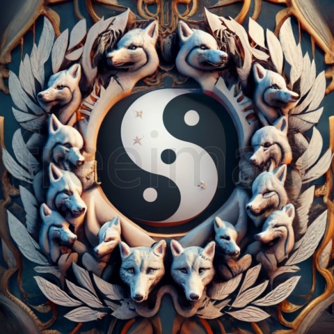 Signo de yang yang hecho con cabezas de lobo en blanco y negro