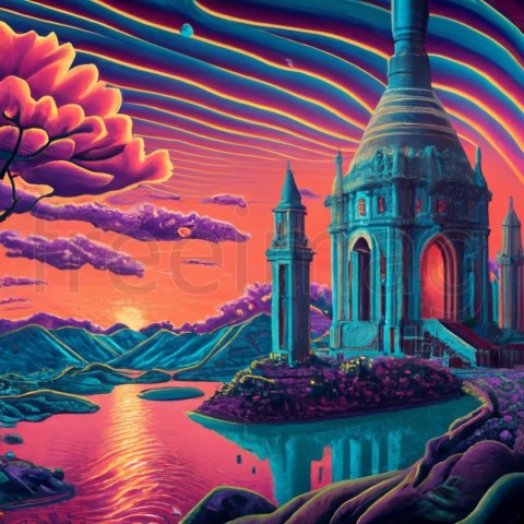 Templo celestial, fantasía, arte vectorial y Vaporwave, puesta de sol