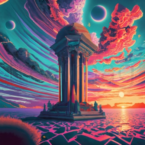 Templo celestial, fantasía, arte vectorial y Vaporwave, puesta de sol