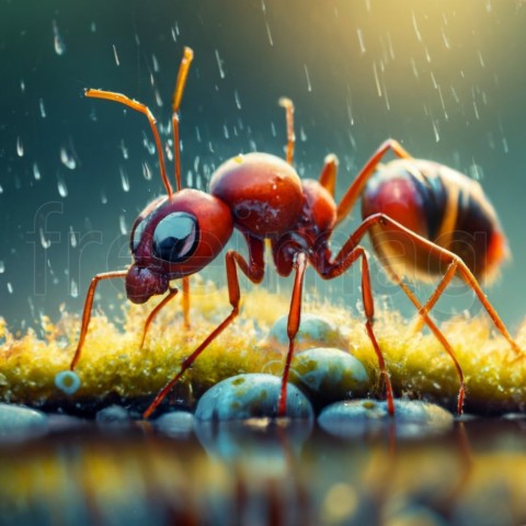 Una hormiga bajo la lluvia en 3D