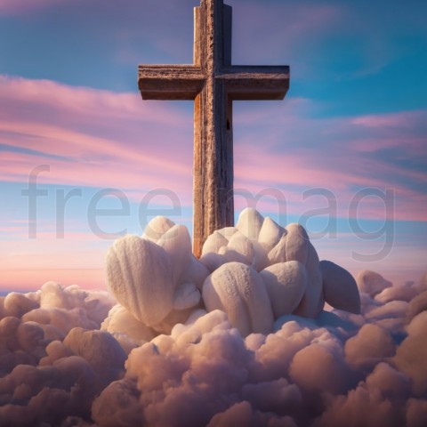 Cruz de piedra contra cielo, foto, render 3d