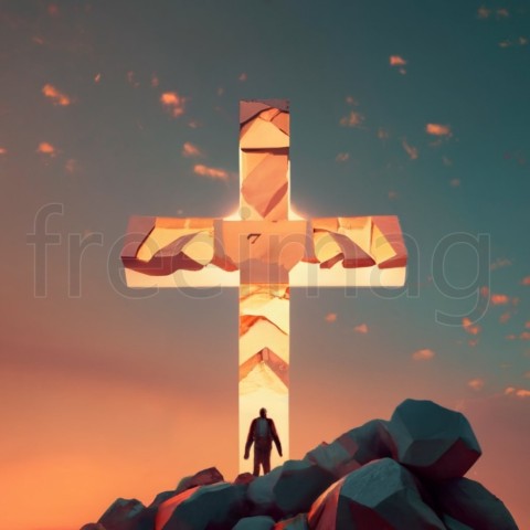 Cruz de piedra contra cielo, foto, render 3d