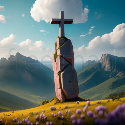 Cruz de piedra contra cielo, foto, render 3d