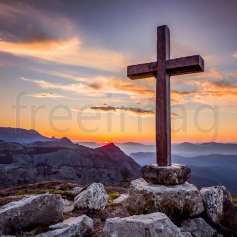 Cruz de piedra contra cielo, foto, render 3d