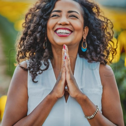 Imagen de Mujer orando y sonriendo