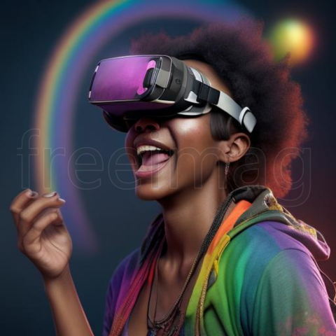 Una mujer con gafas de realidad virtual mira a la cámara.