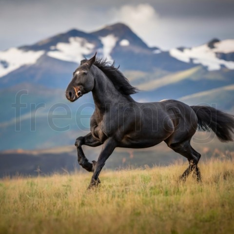 Caballo negro corriendo, fotografía de vida silvestre