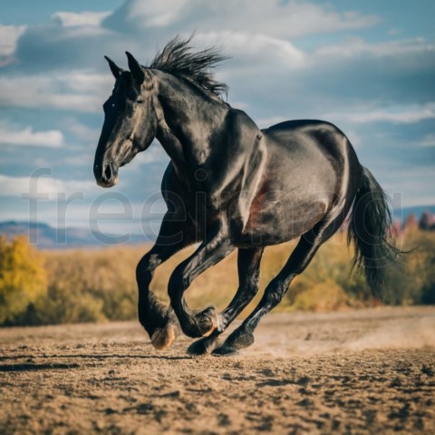 Caballo negro corriendo, fotografía de vida silvestre