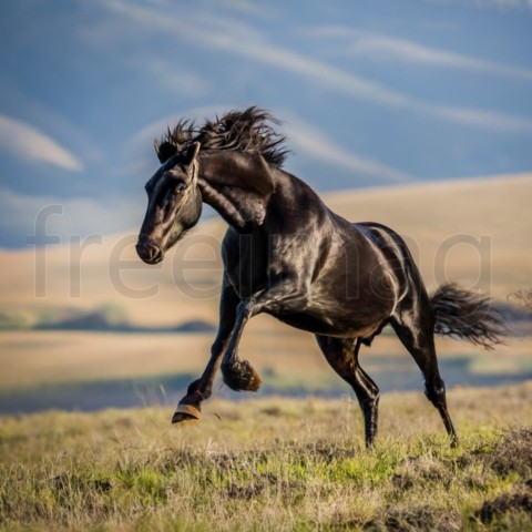 Caballo negro corriendo, fotografía de vida silvestre